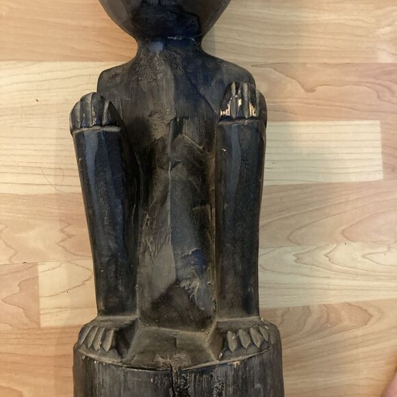 Vtg African Tribal Wood Hand Carved Primitive Statue Seated Figure Rope Hat - Picture 3 of 13